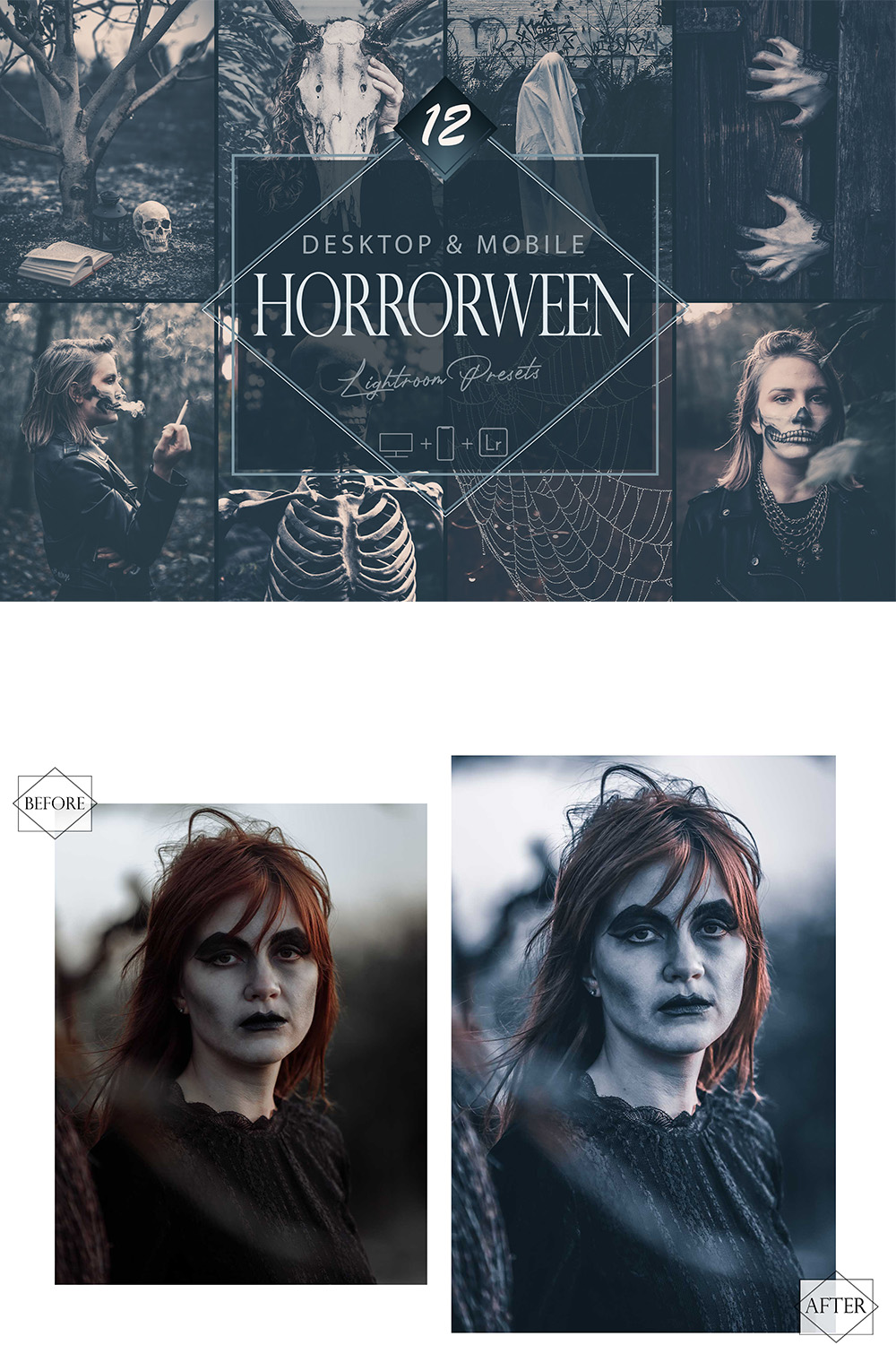 12 Horrorween Lightroom Presets, Moody Halloween Mobile Preset, Dark Horror Desktop LR Filter DNG Portrait Lifestyle Top Theme Blogger pinterest preview image.