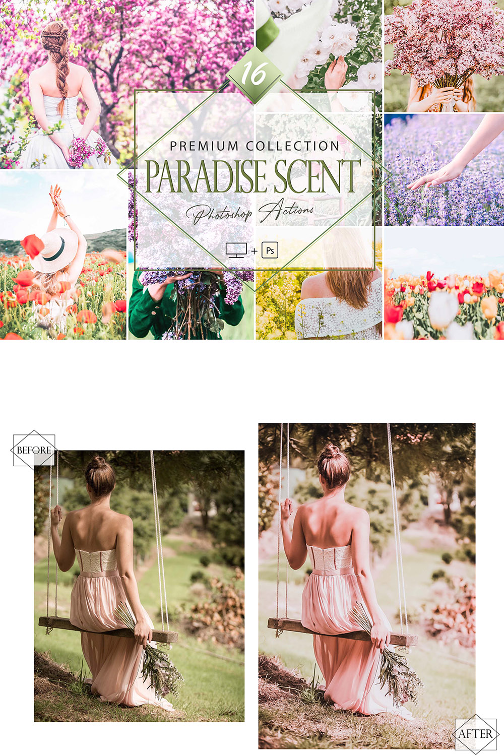 16 Paradise Scent Photoshop Actions, Summer ACR Preset, Bright Ps Filter, Portrait And Lifestyle Theme For Instagram, Blogger, Outdoor pinterest preview image.