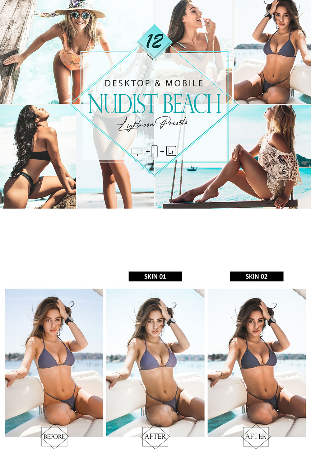 12 Nudist Beach Lightroom Presets, Blue Preset, Aqua Sea Desktop LR Filter, DNG Portrait Lifestyle, Top Theme, Summer Blogger Instagram pinterest preview image.