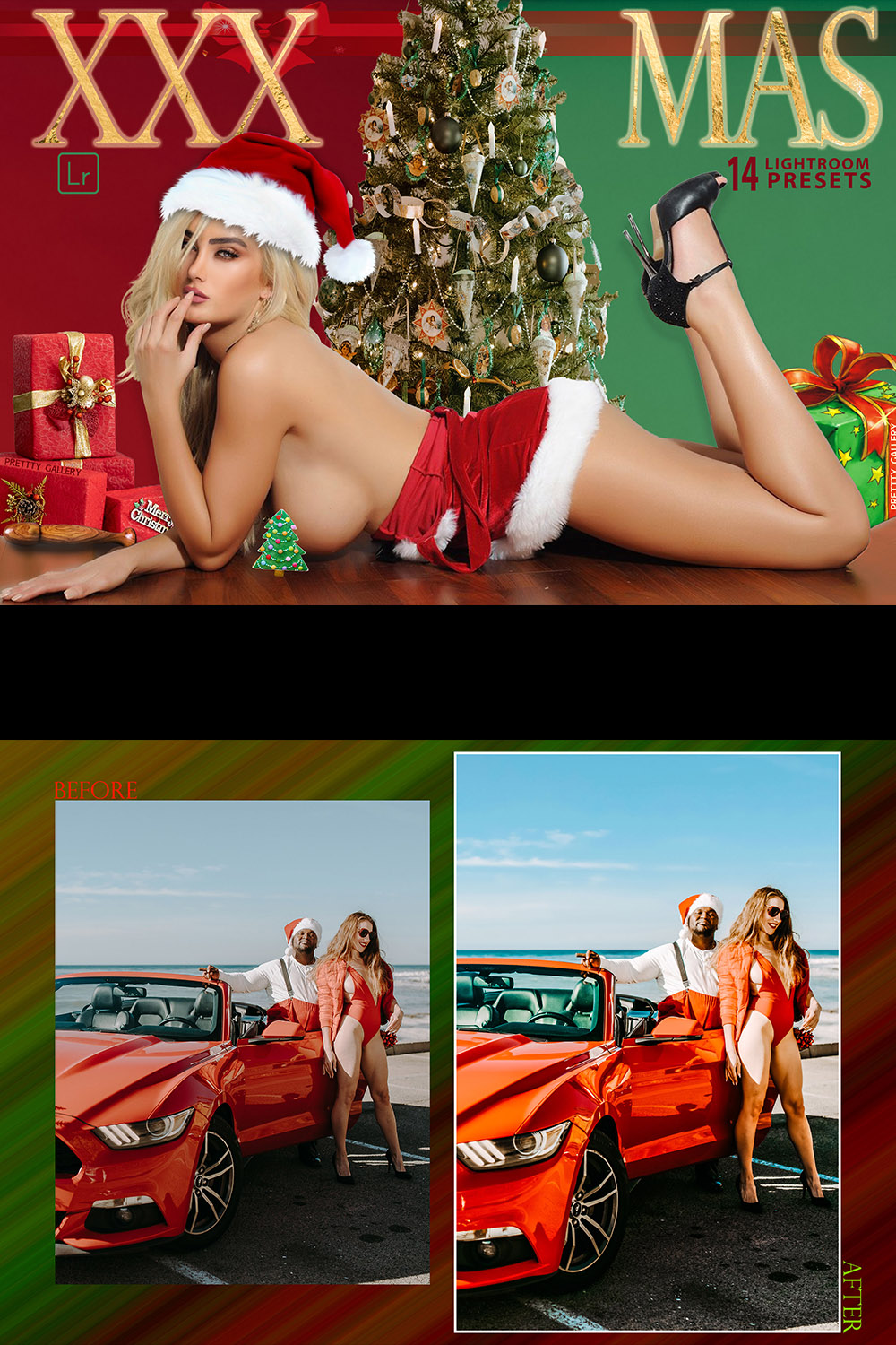 14 XXX MAS Lightroom Presets, Sexy Red Green Christmas Mobile Preset, Nude Woman Xmas Desktop Filter DNG Lifestyle Top Theme Blogger pinterest preview image.