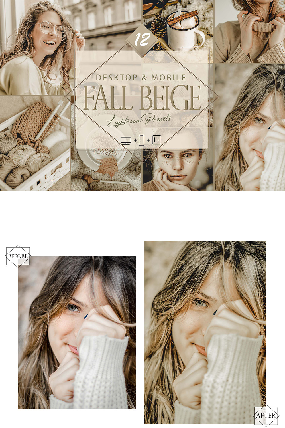 12 Fall Beige Lightroom Presets, Autumn Mobile Preset, Moody Desktop LR Filter DNG Portrait Lifestyle Top Theme Blogger Instagram pinterest preview image.