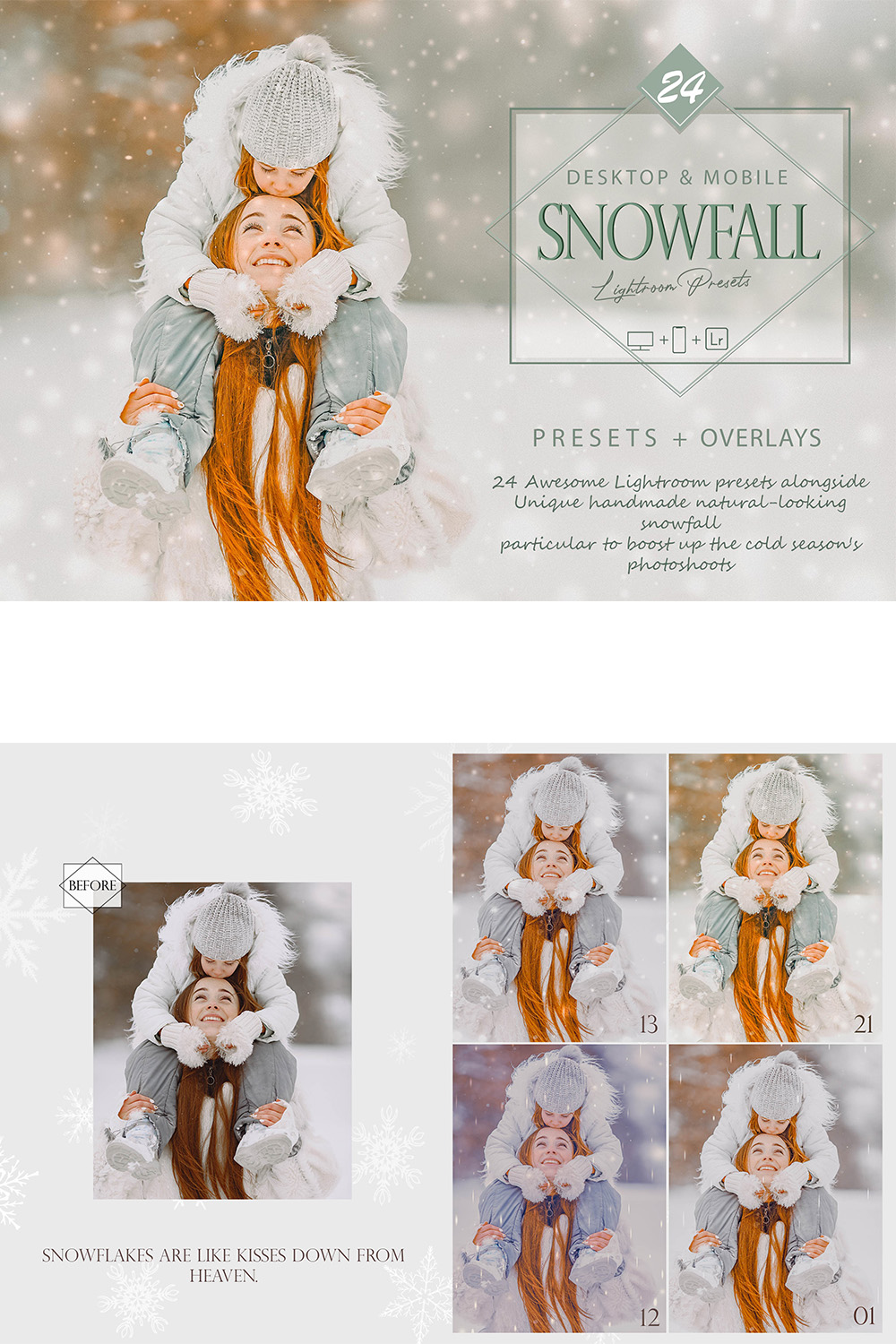 24 Snowfall Lightroom Presets, Snow Overlay Preset, Winter Desktop LR Filter, DNG Portrait Lifestyle, Top Theme, Valentine Blogger Instagram pinterest preview image.