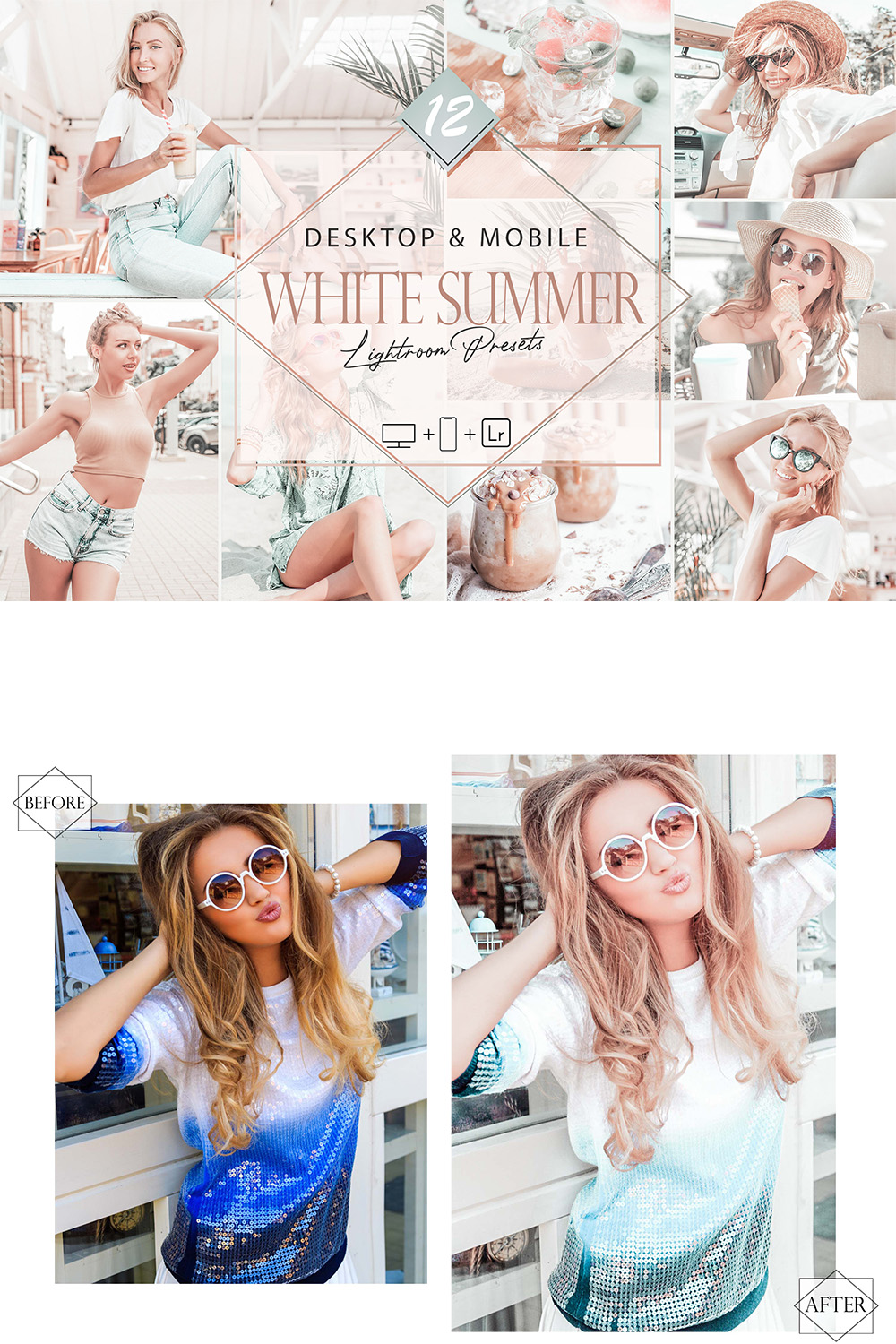 12 White Summer Lightroom Presets, Bright Preset, Blue Desktop LR Filter, DNG Portrait Lifestyle, Top Theme, Blogger Instagram pinterest preview image.