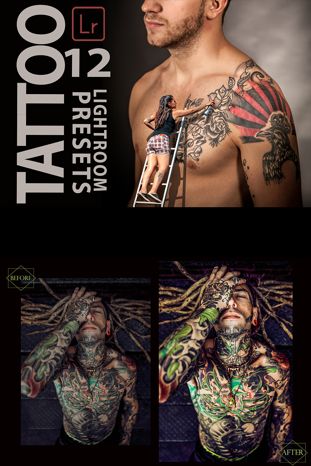 12 Tattoo Lightroom Presets, Retouch Mobile Preset, Sharp Bright Desktop LR Filter DNG Portrait Lifestyle Theme Blogger Instagram Tattooing pinterest preview image.