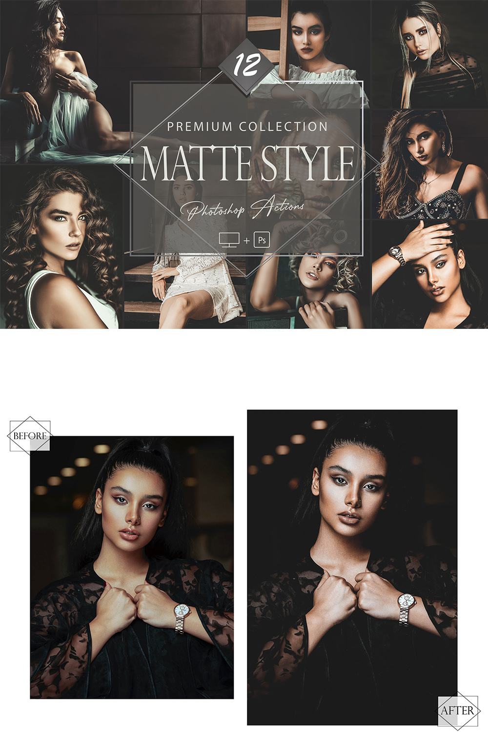 12 Photoshop Actions, Matte Style Ps Action, Black Dark ACR Preset, Moody Filter, monotone And Lifestyle Theme For Instagram, Blogger, Bronze portrait pinterest preview image.