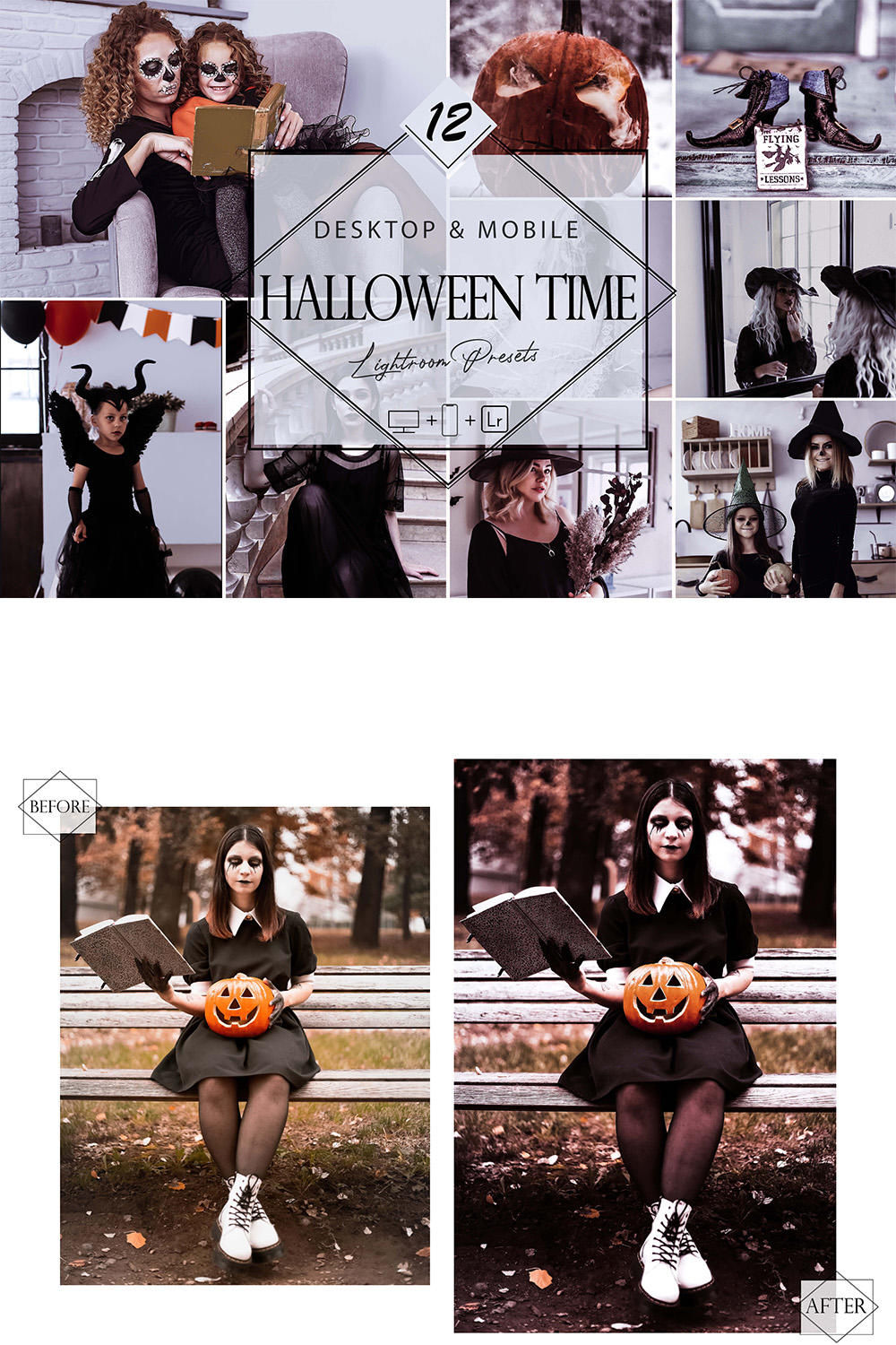 12 Halloween Time Lightroom Presets, horror Mobile Preset, Moody Desktop LR Filter DNG Portrait Lifestyle Theme Bright Blogger Instagram pinterest preview image.