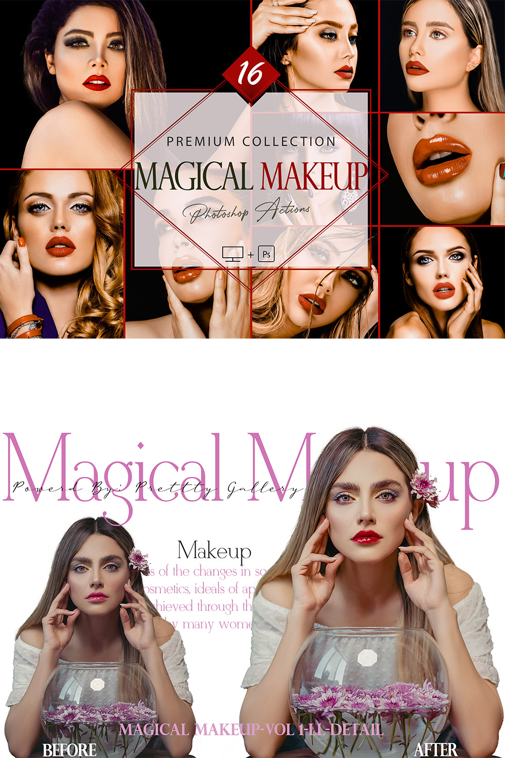 16 Magical Makeup Photoshop Actions, Soft Retouch ACR Preset, Atractive girl Filter, Portrait And Lifestyle Theme For Instagram, Blogger, Outdoor pinterest preview image.