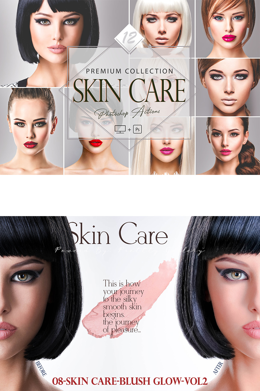 12 Skin Care Photoshop Actions, Soft Retouch ACR Preset, Attractive Girl Filter, Portrait And Lifestyle Theme For Instagram, Studio Blogger pinterest preview image.