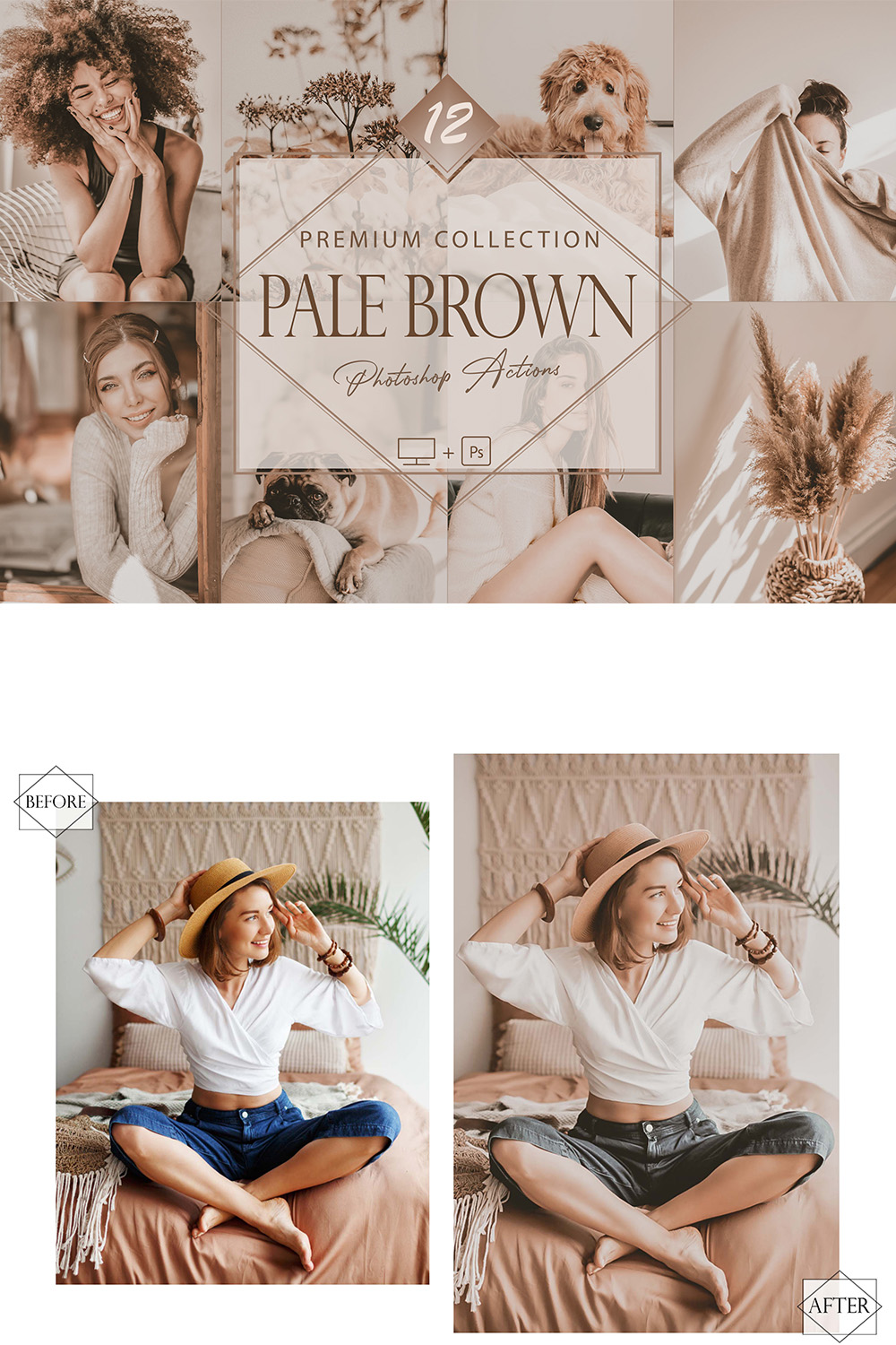 12 Pale Brown Photoshop Actions, Soft ACR Preset, Brownie Ps Filter, Portrait And Lifestyle Theme For Instagram, Blogger, Outdoor pinterest preview image.