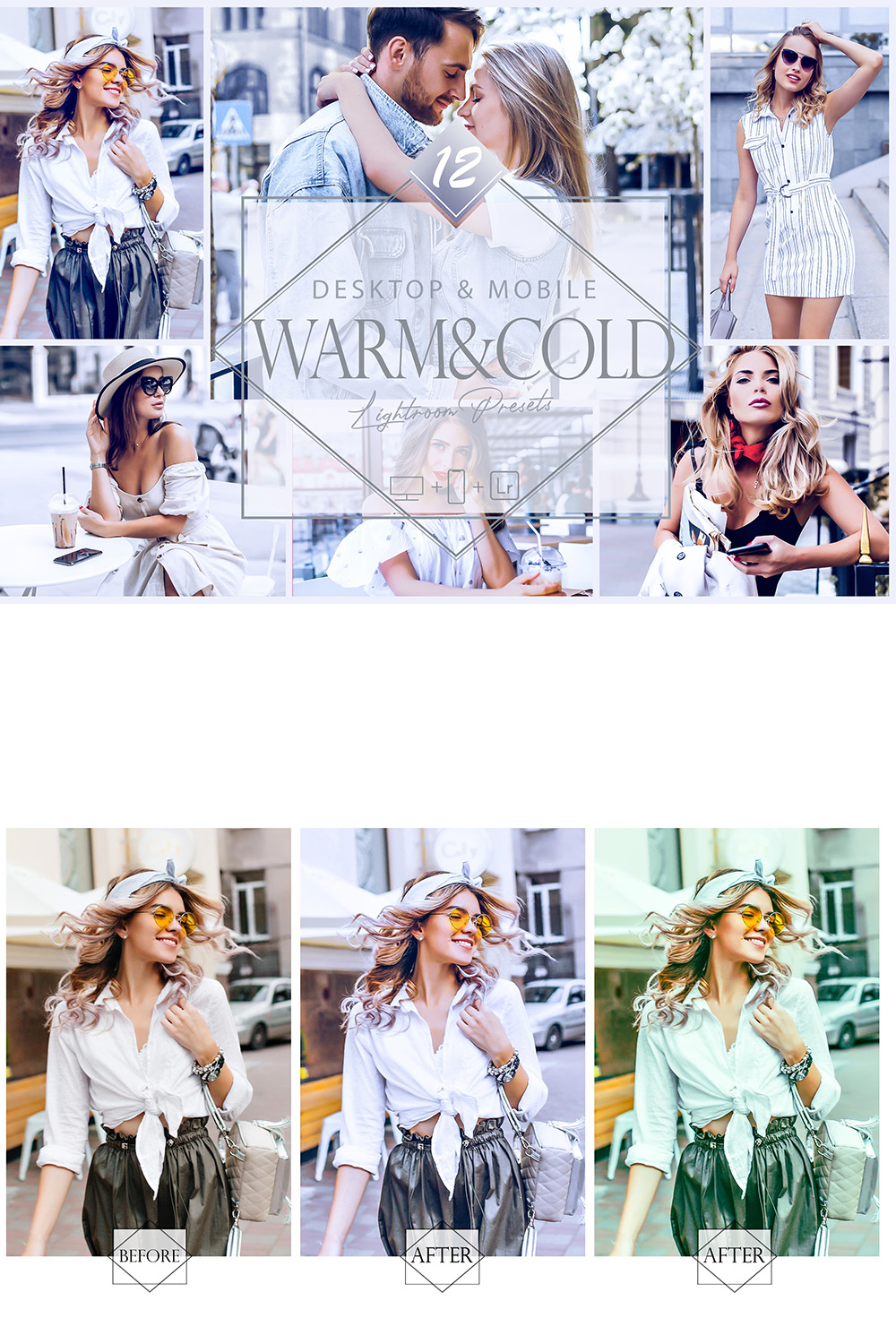 12 Warm & Cold Lightroom Presets, Cool Tint Preset, Bright Desktop LR Filter, DNG Portrait Lifestyle, Top Theme, Spring Blogger Instagram pinterest preview image.