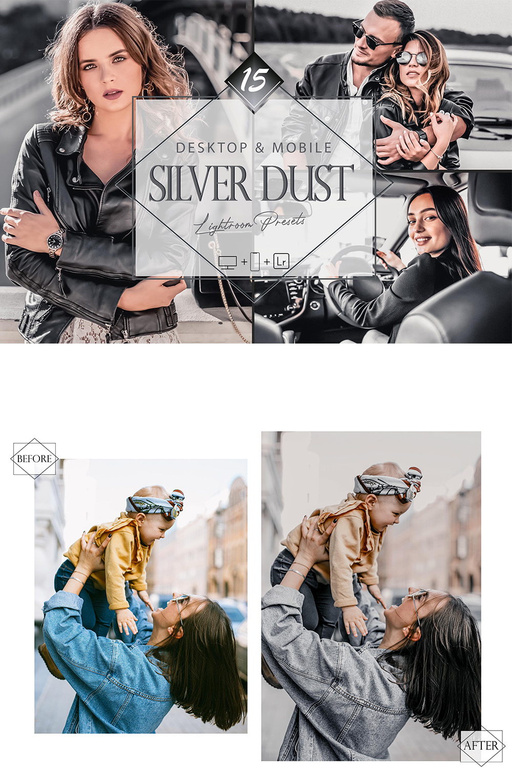 15 Silver Dust Lightroom Presets, Gray Preset, Dove Desktop LR Filter, DNG Portrait Lifestyle, Top Theme, Valentine Blogger Instagram pinterest preview image.