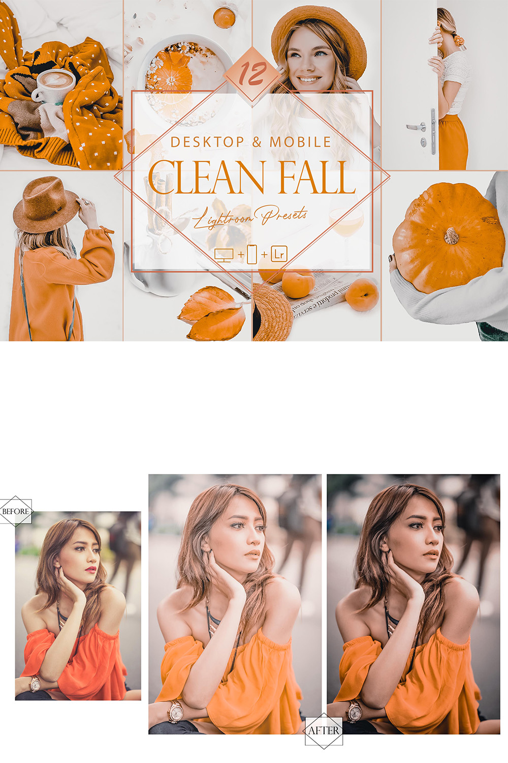 12 Clean Fall Lightroom Presets, Autumn Preset, Orange Desktop LR Filter, DNG Portrait Lifestyle, Top Theme, Autumn Blogger Instagram pinterest preview image.