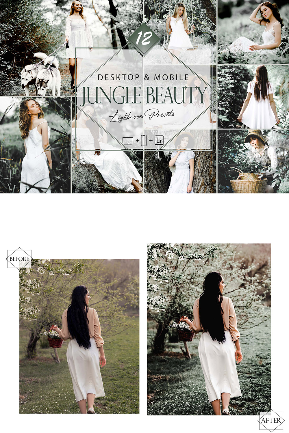 12 Jungle Beauty Lightroom Presets, Girl Preset, Bright Summer Desktop LR Filter, DNG Portrait Lifestyle, Top Theme, Summer Blogger Instagram pinterest preview image.