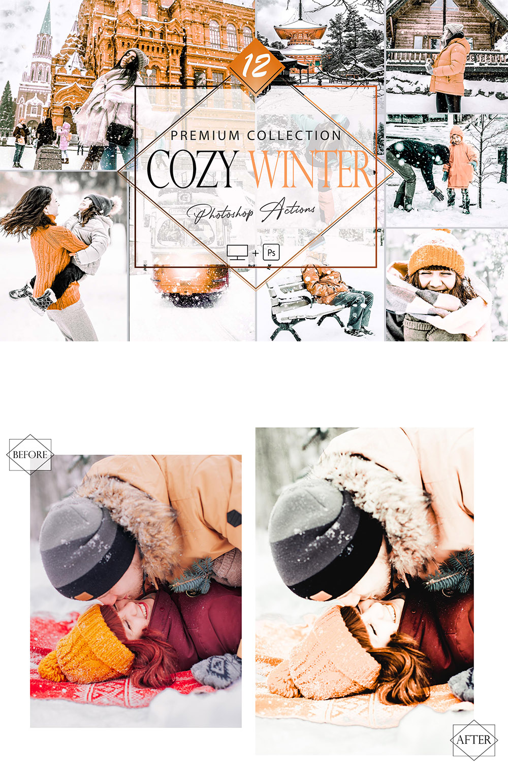 12 Cozy Winter Photoshop Actions, Brigh Snow ACR Preset, Light Orange Ps Filter, Portrait And Lifestyle Theme For Instagram, Blogger pinterest preview image.