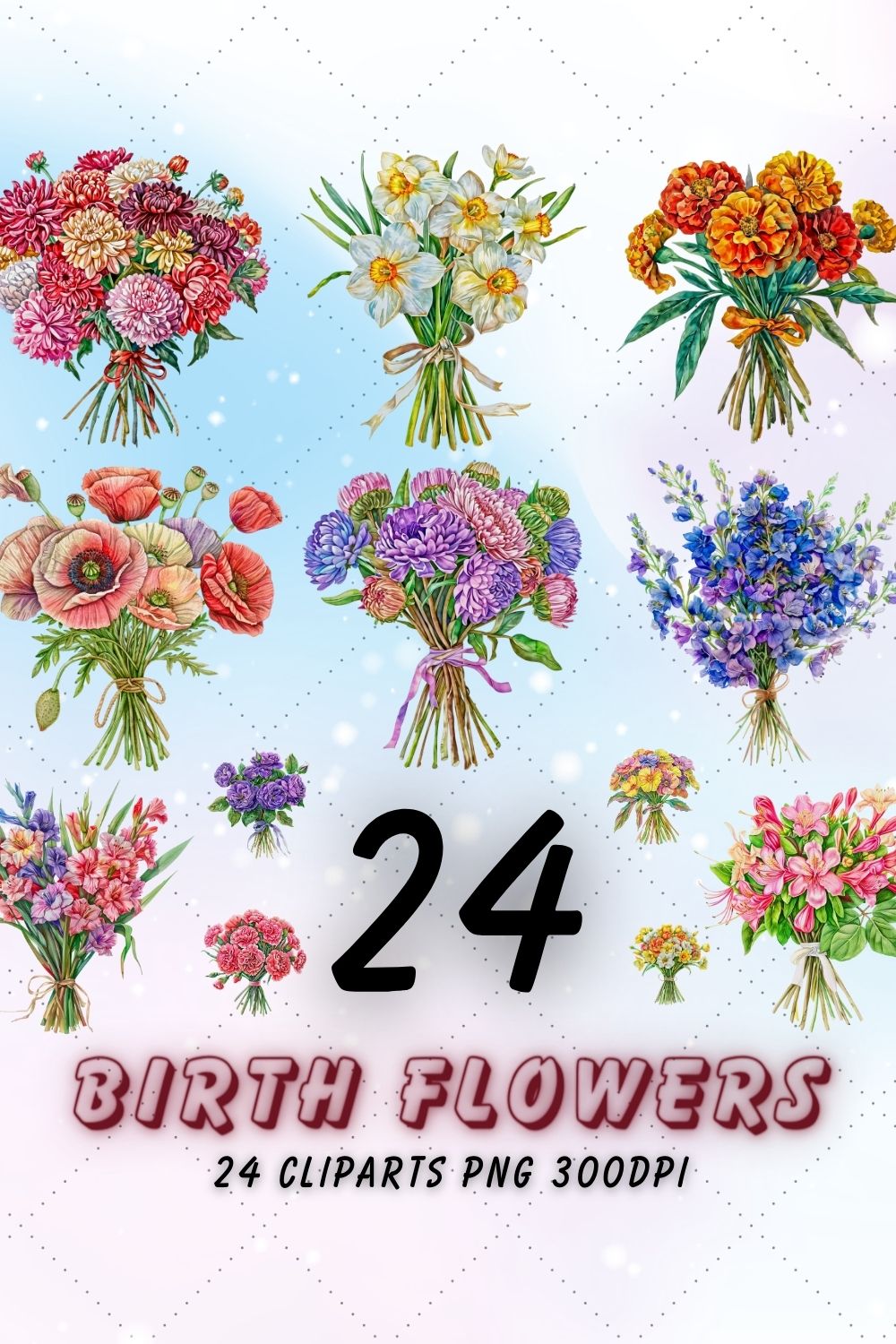 24 Birth Month Flower Sublimation Clipart, Watercolor Birth Month Flower Clipart pinterest preview image.