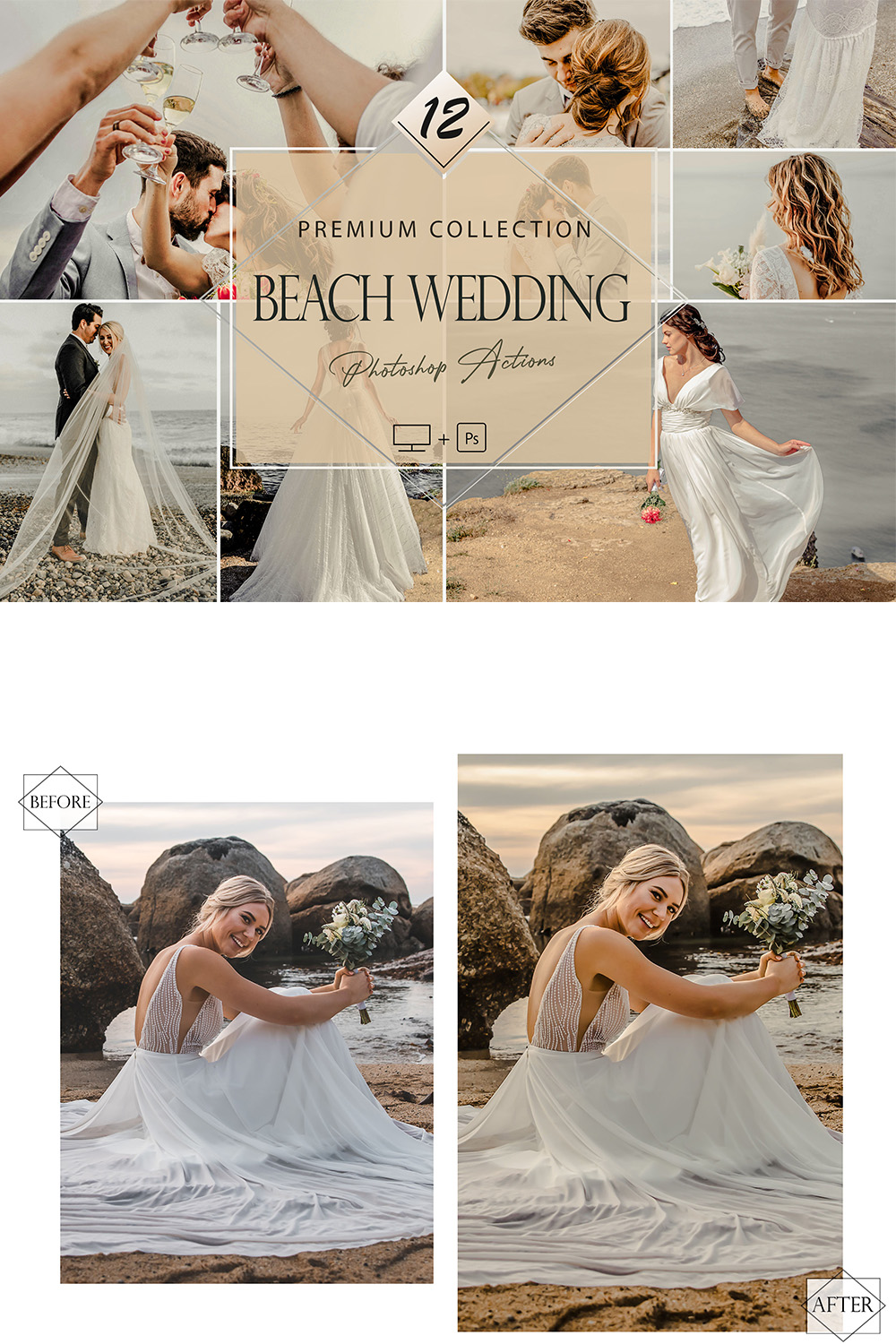 12 Photoshop Actions, Beach Wedding Ps Action, Engagement ACR Preset, Summer Airy Filter, Lifestyle Theme For Instagram, Warm Presets, Bronze portrait pinterest preview image.