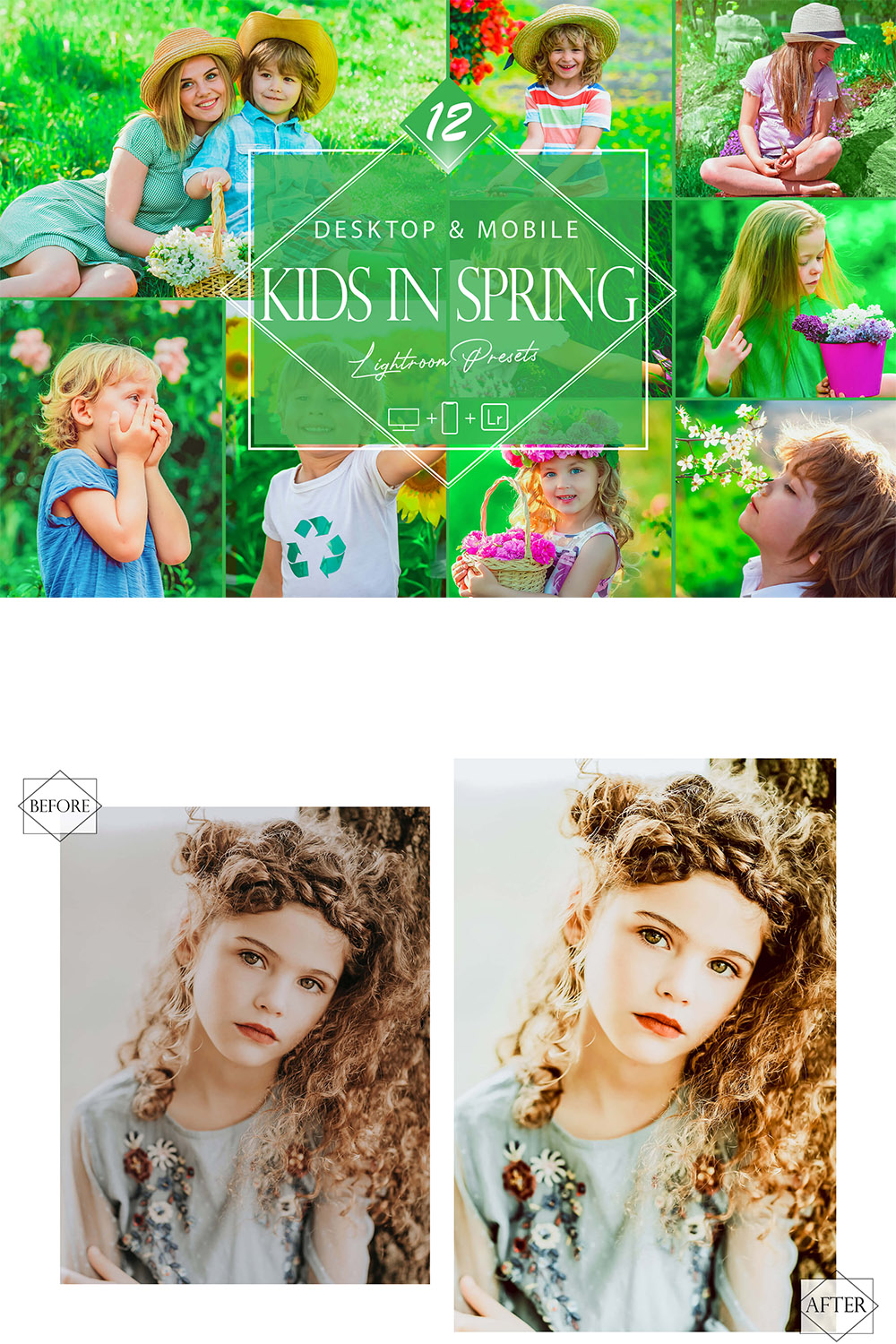 12 Kids In Spring Lightroom Presets, Childern Mobile Preset, Green Baby Desktop LR Filter DNG Portrait Lifestyle Theme Moody Blogger Instagram pinterest preview image.