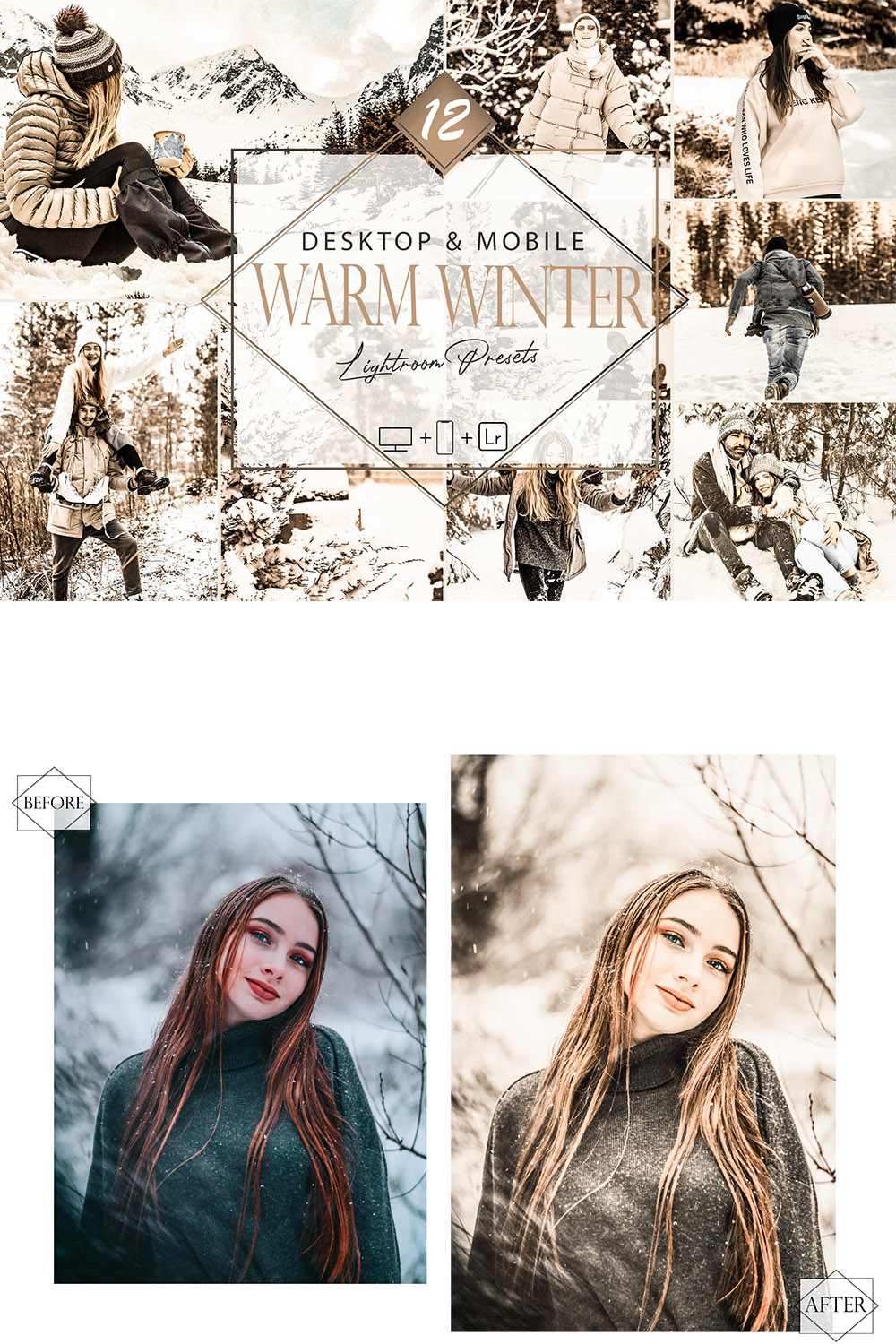 12 Warm Winter Lightroom Presets, Holiday Season Preset, Brownie Snow Desktop LR Filter, DNG Portrait Lifestyle, Top Theme, Autumn Blogger Instagram pinterest preview image.