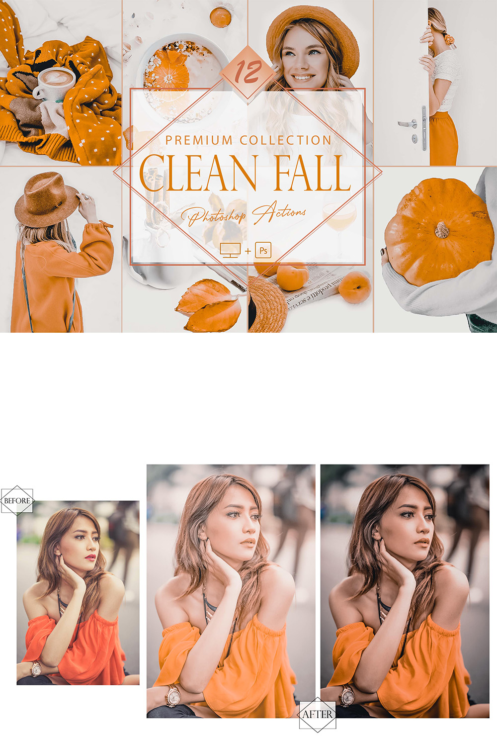 12 Clean Fall Photoshop Actions, Autumn ACR Preset, Orange Ps Filter, Portrait And Lifestyle Theme For Instagram, Blogger, Outdoor pinterest preview image.