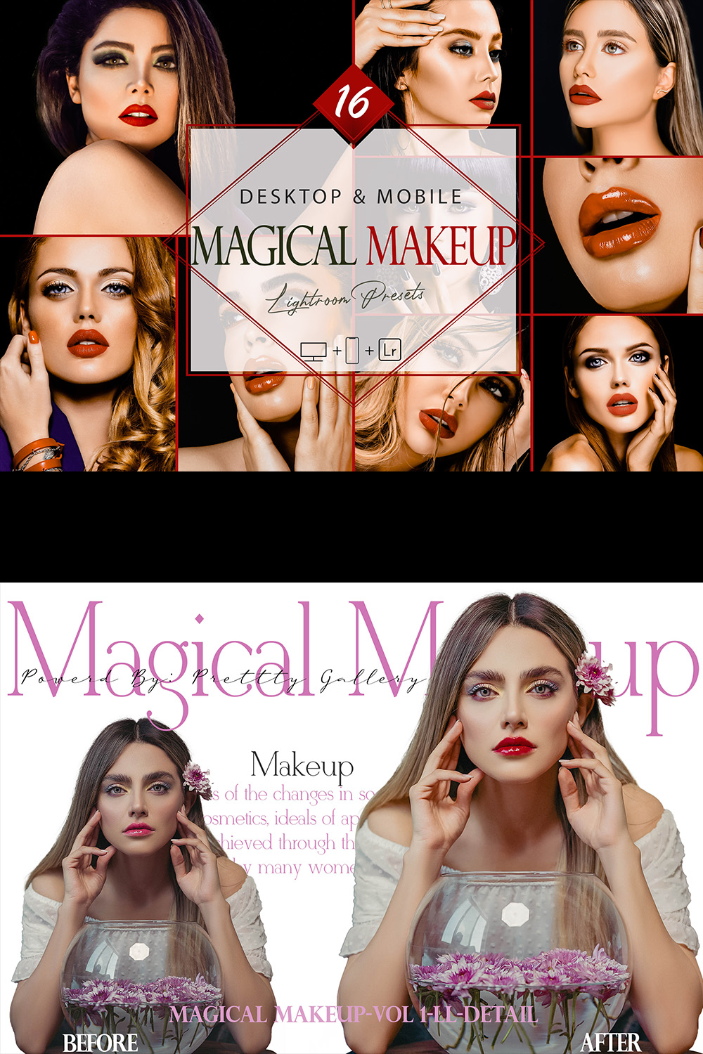 16 Magical Makeup Lightroom Presets, Beauty Mobile Preset, Bright Retouch Desktop LR Filter DNG Portrait Lifestyle Theme Blogger Instagram Face pinterest preview image.