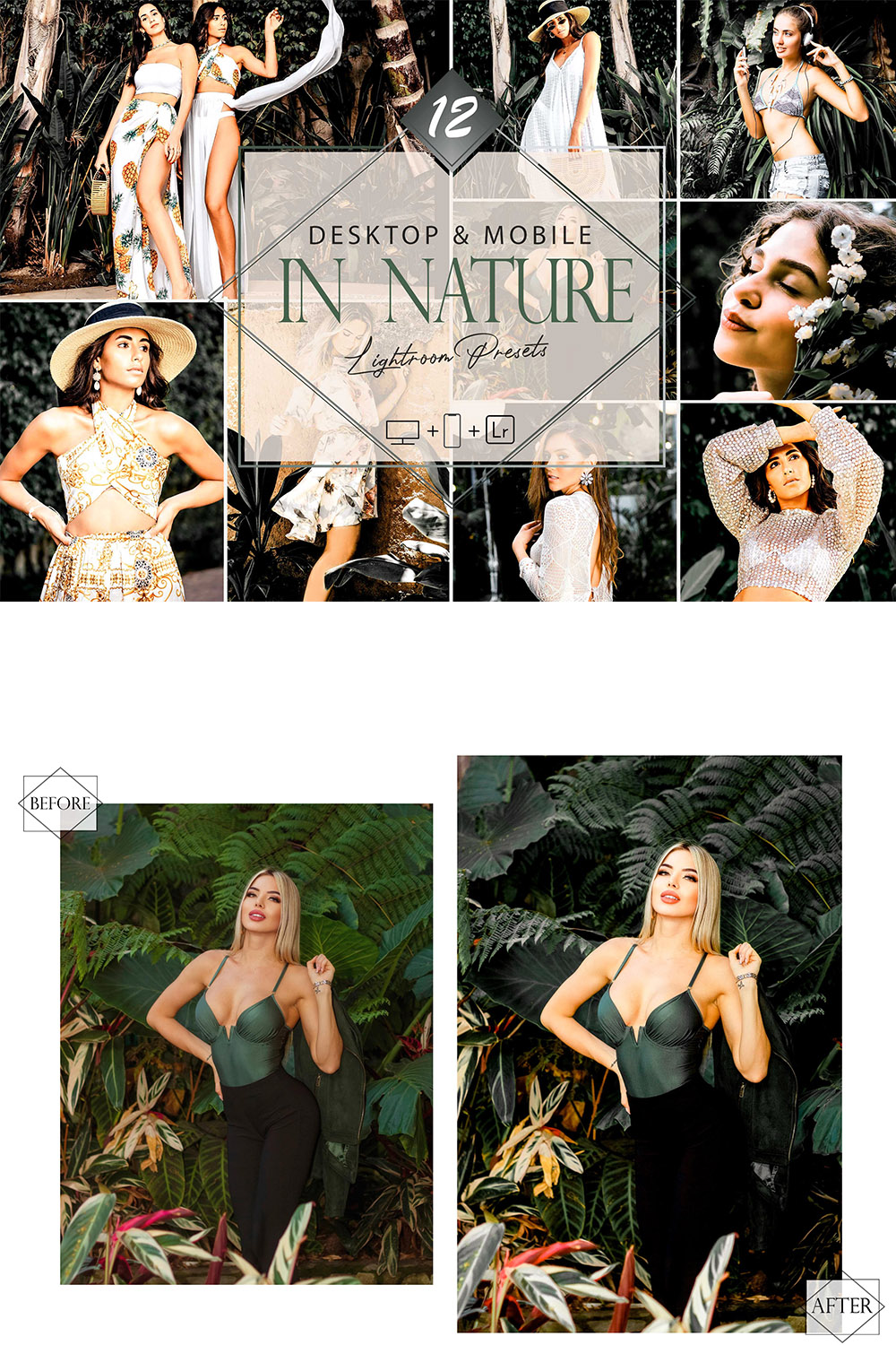 12 In Nature Lightroom Presets, Green Landscape Preset, Moody Desktop LR Filter, DNG Portrait Lifestyle, Top Theme, Spring Blogger Instagram pinterest preview image.