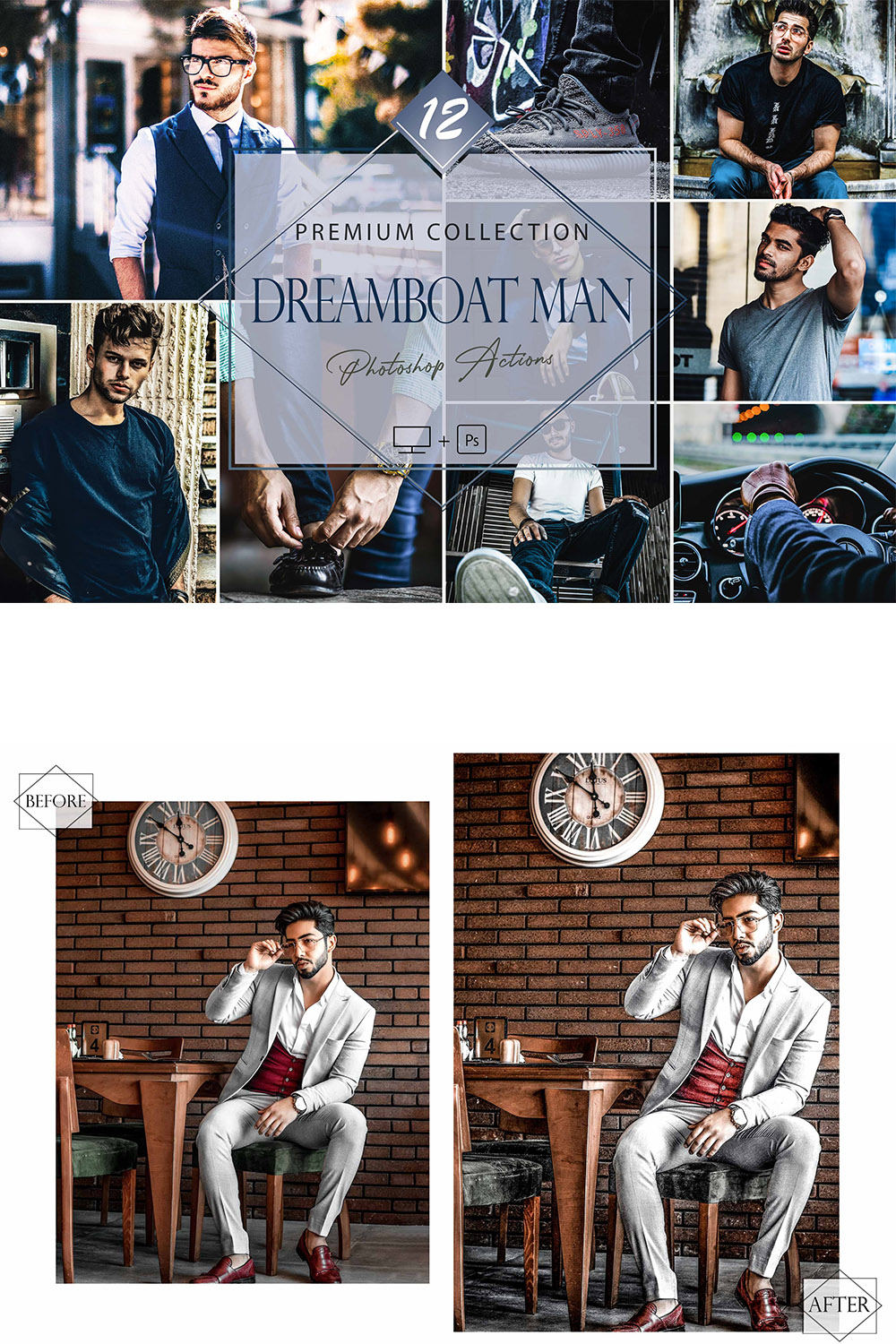 12 Photoshop Actions, Dreamboat Man Ps Action, Hue HDR ACR Preset, Saturation Filter, monotone And Lifestyle Theme For Instagram, Men Blogger, Bronze portrait pinterest preview image.