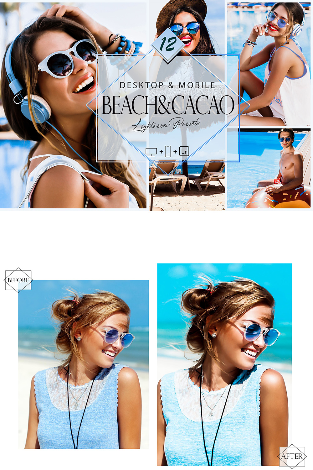 12 Beach&Cacao Lightroom Presets, Aqua Blue Preset, Bright Desktop LR Filter, DNG Portrait Lifestyle, Top Theme, Spring Blogger Instagram pinterest preview image.