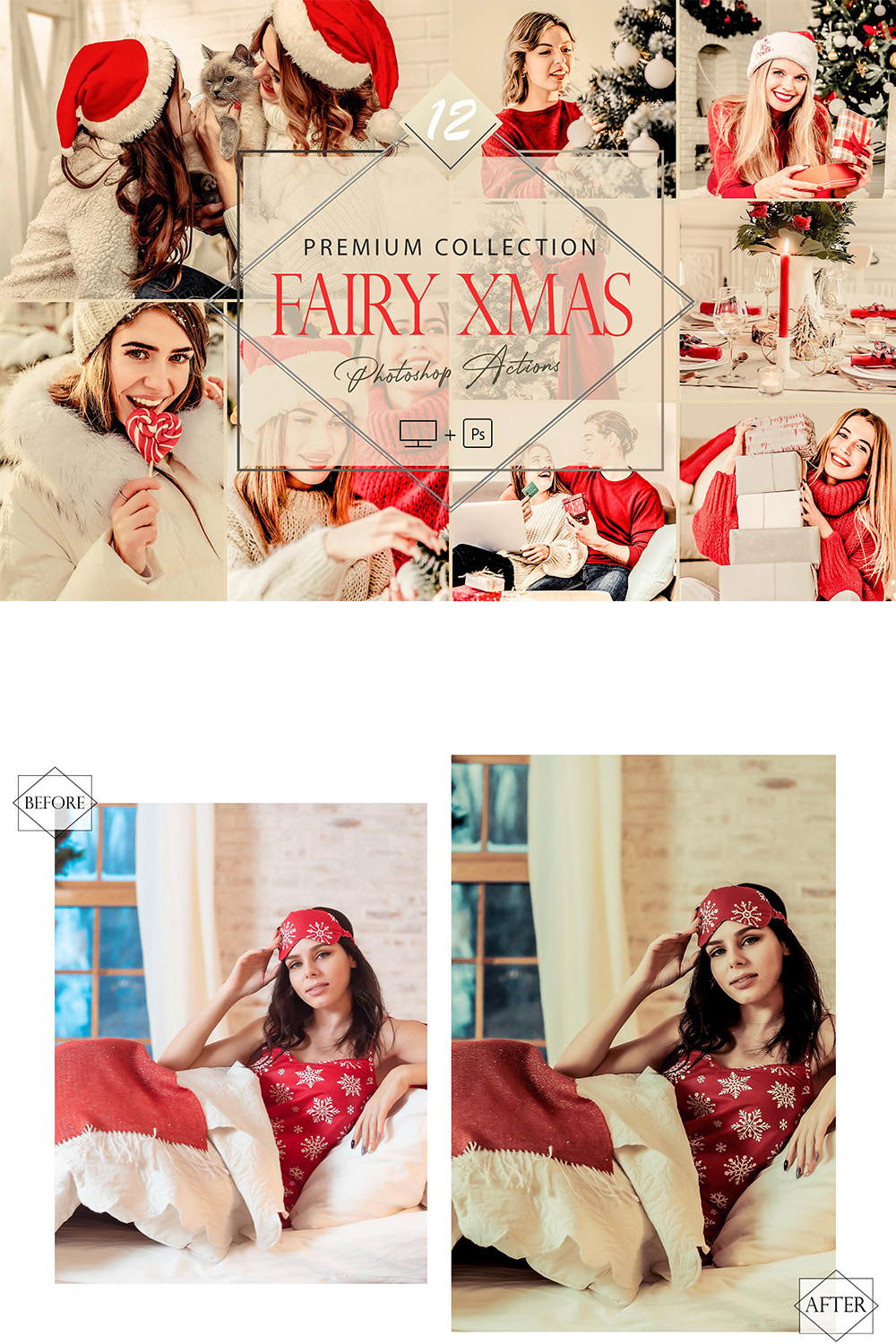 12 Fairy Xmas Photoshop Actions, Christmas ACR Preset, Winter Ps Filter, Portrait And Lifestyle Theme For Instagram, Blogger, Autumn Outdoor pinterest preview image.