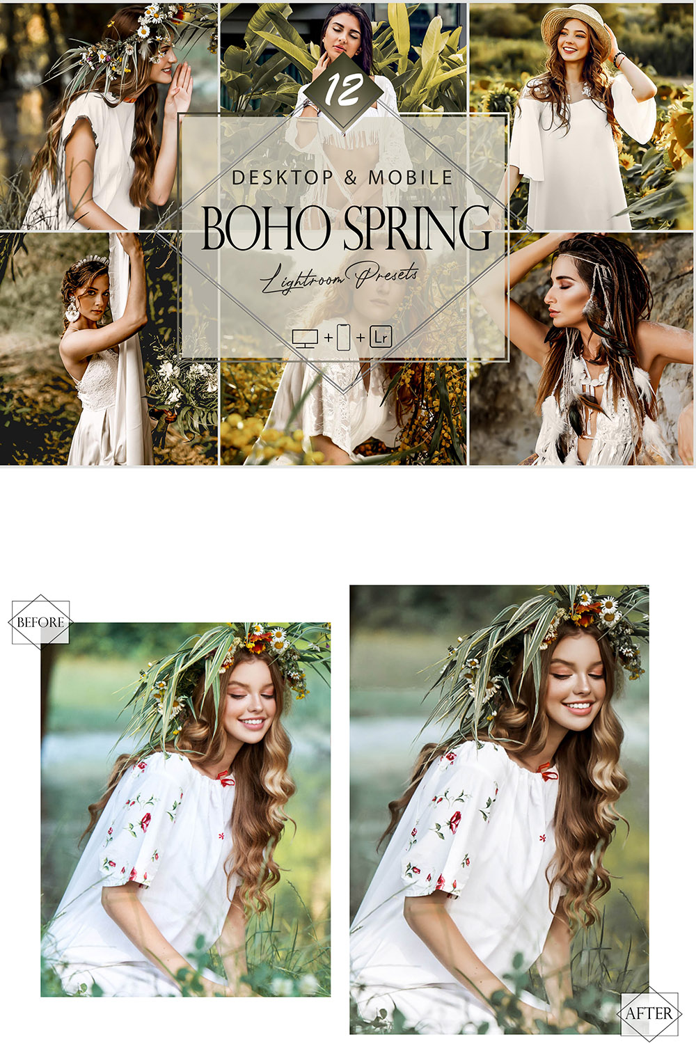 12 Boho Spring Lightroom Presets, Bohemian Preset, Moody Desktop LR Filter, DNG Portrait Lifestyle, Top Theme, Green Blogger Instagram pinterest preview image.