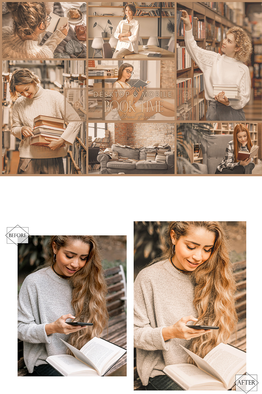 12 Book Time Lightroom Presets, Orange Gray Preset, Bright Desktop LR Filter, DNG Woman Reading, Top Theme, Blog Instagram, Study Relaxing pinterest preview image.