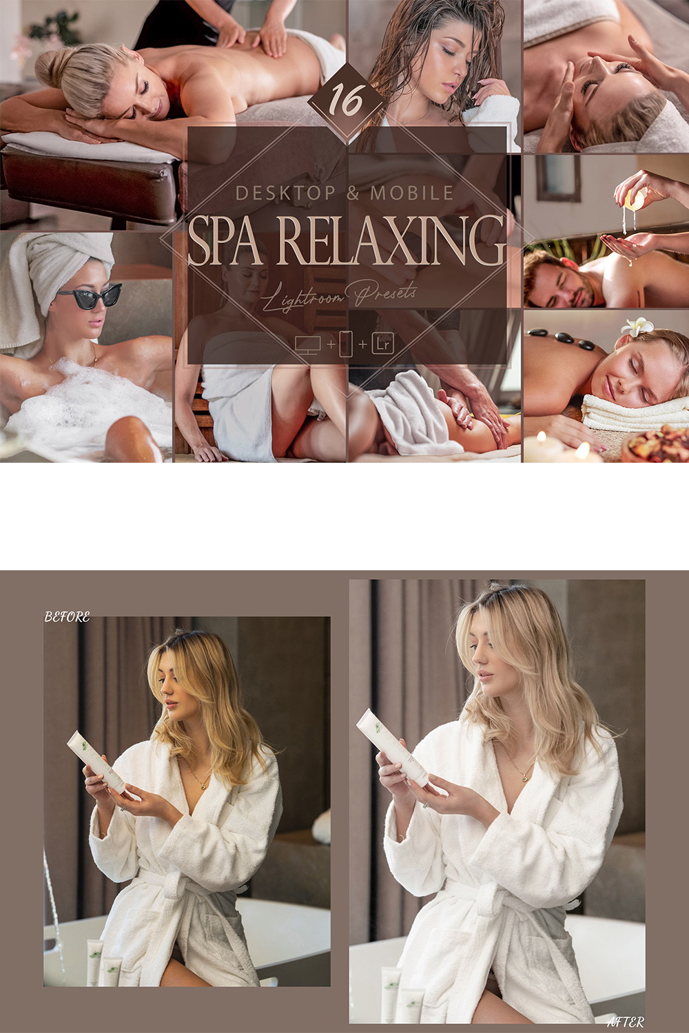 16 Spa Relaxing Lightroom Presets, Relax Massage Mobile Preset, Hot Bath Desktop LR Filter DNG Portrait Fashion Theme Blogger Instagram Body pinterest preview image.