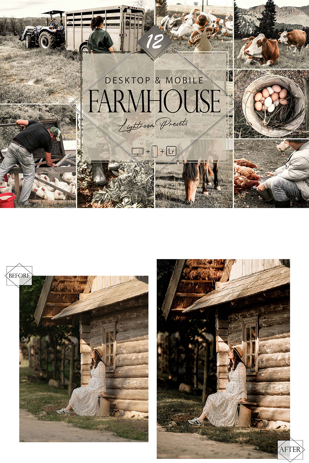 12 Farmhouse Lightroom Presets, Farmstead Preset, Green Autumn Desktop LR Filter, DNG Portrait Lifestyle, Top Theme, Fall Blogger Instagram pinterest preview image.