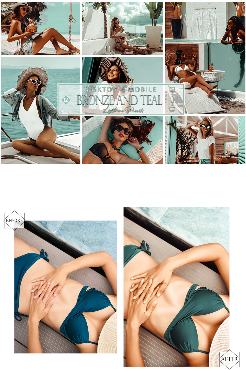 12 Bronze And Teal Lightroom Presets, Blue Brown Preset, Bright Desktop LR Filter, DNG Summer Beach, Bronzing, New Colors, Sunbathing, Best pinterest preview image.