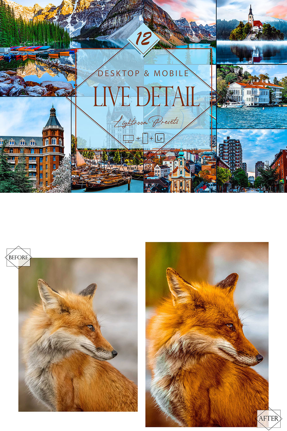 12 Live Detail Lightroom Presets, Sharp HDR, Landscape Desktop LR Filter, DNG Real State, Top Theme, Travel Blogger Instagram pinterest preview image.