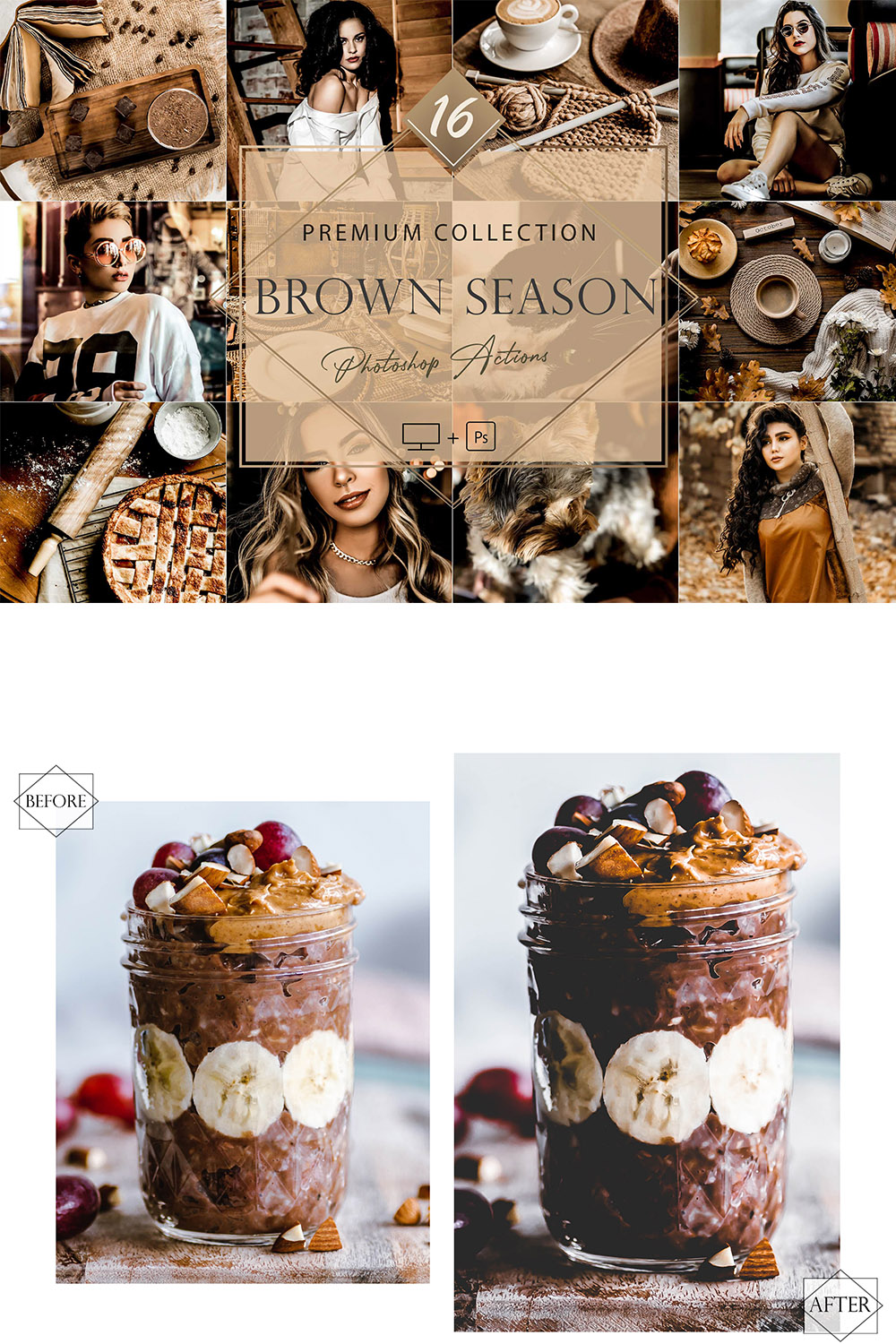 16 Photoshop Actions, Brown Season Ps Action, Moody ACR Preset, Fall Filter, Lifestyle Theme For Instagram, Dark Presets, Warm portrait pinterest preview image.