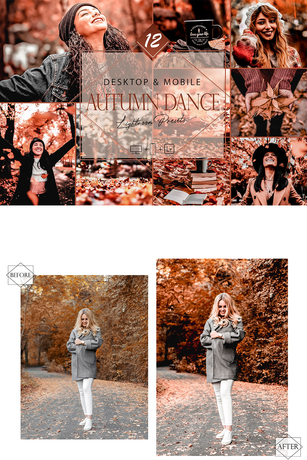 12 Autumn Dance Lightroom Presets, Fall Preset, Red leaves Desktop LR Filter, DNG Portrait Lifestyle, Orange Top Theme, Fall Blogger Instagram pinterest preview image.