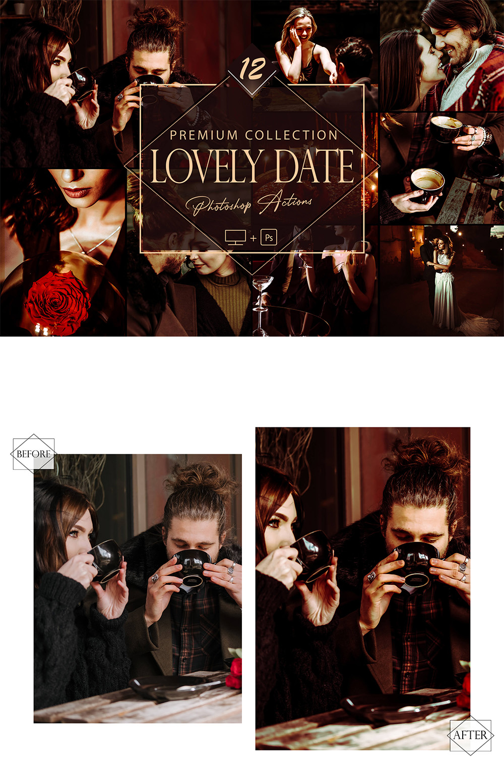 12 Lovely Date Photoshop Actions, Moody ACR Preset, Red Filter, Portrait And Lifestyle Theme For Instagram, Blogger, Outdoor pinterest preview image.