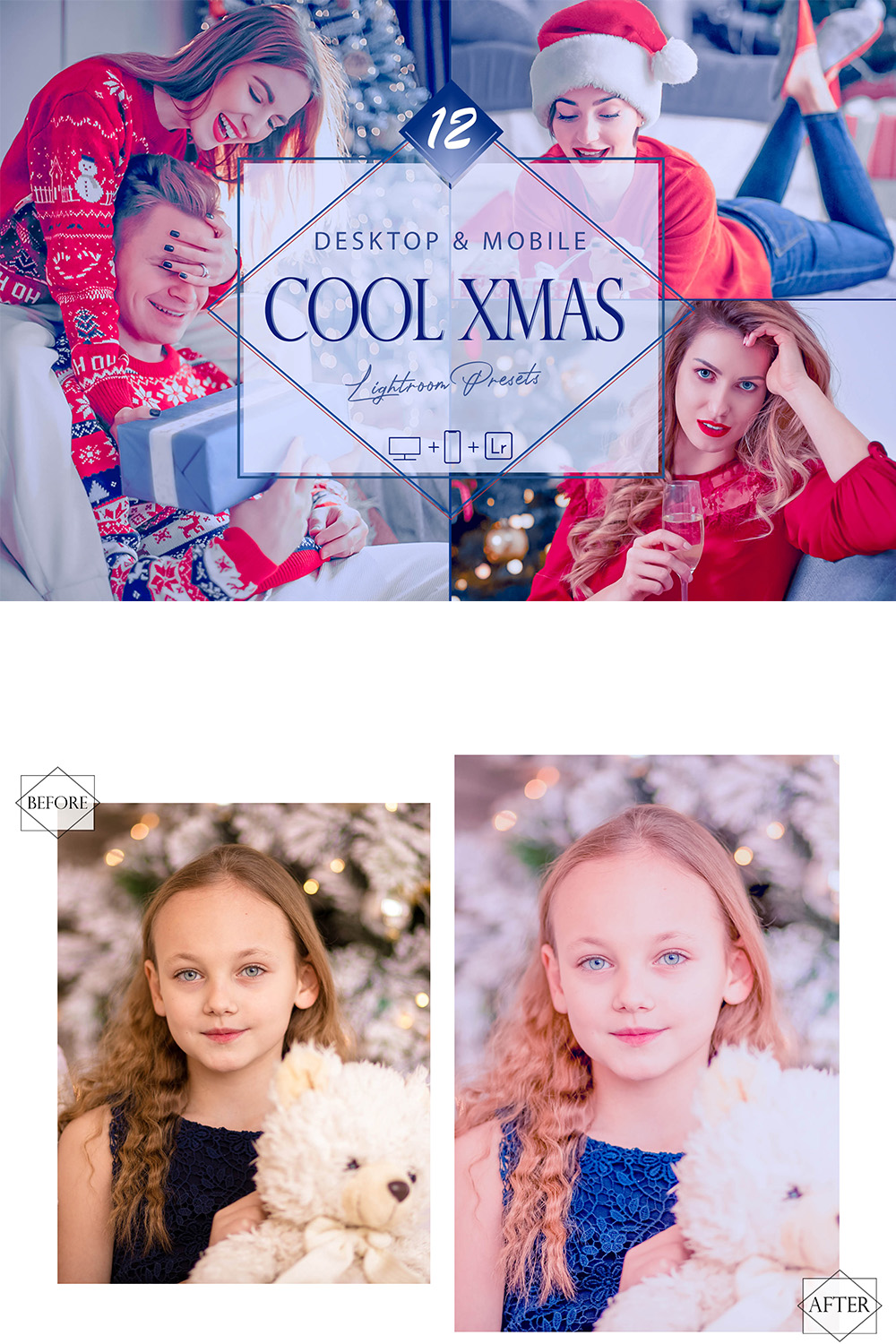 12 Cool Xmas Lightroom Presets, Christmas Preset, Blue Desktop LR Filter, DNG Portrait Lifestyle, Top Theme, Autumn Blogger Instagram pinterest preview image.