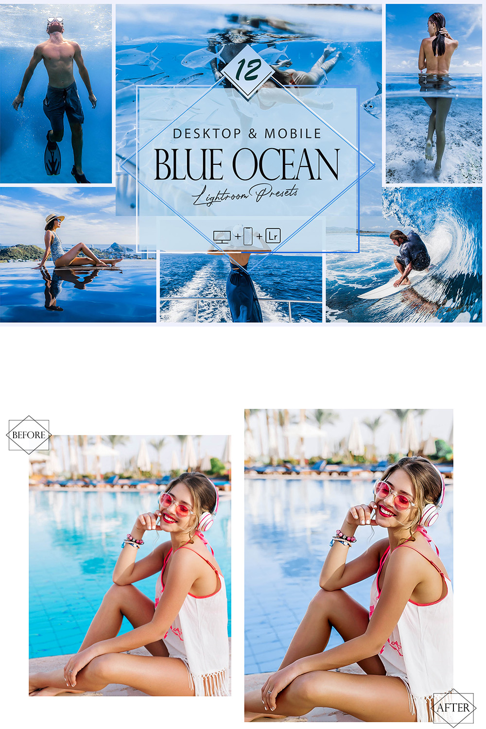 12 Blue Ocean Lightroom Presets, Bright Preset, Gulf Desktop LR Filter, DNG Portrait Lifestyle, Top Theme, Summer Blogger Instagram pinterest preview image.