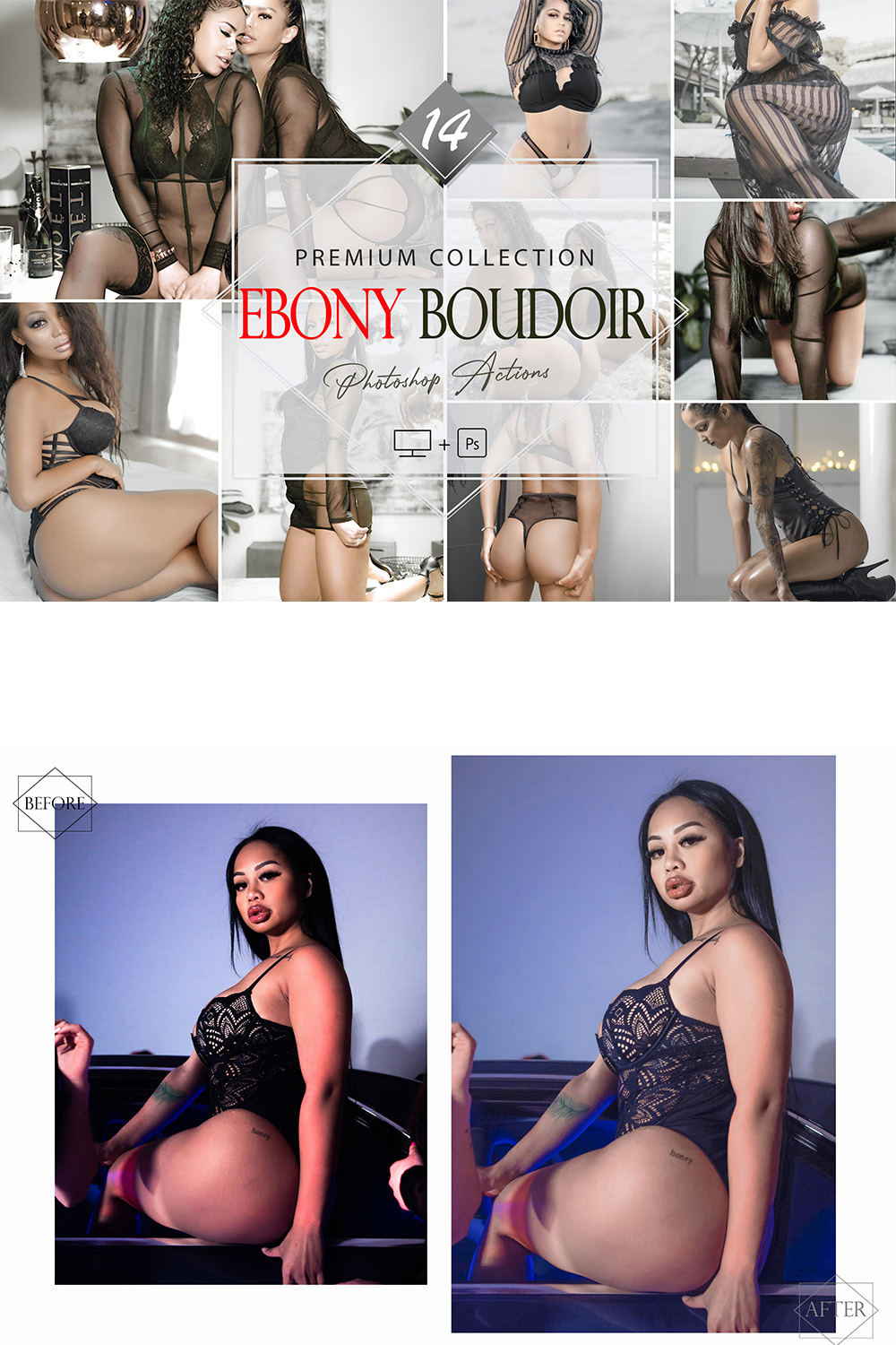 14 Ebony Boudoir Photoshop Actions, Sexy Natural ACR Preset, Atractive girl Filter, Portrait And Lifestyle Theme For Instagram, Blogger, Outdoor pinterest preview image.