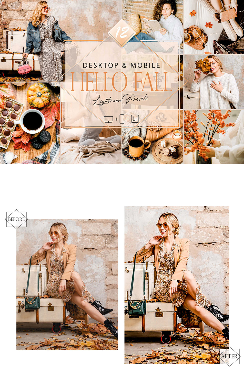 12 Hello Fall Lightroom Presets, Bright Preset, Fall Desktop LR Filter, DNG Portrait Lifestyle, Moody Top Theme, Autumn Blogger Instagram pinterest preview image.