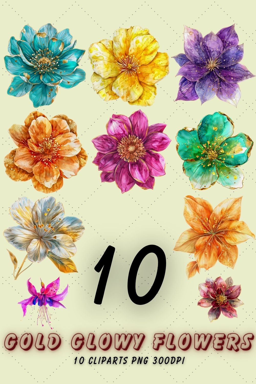 Golden Flower Clipart, Glowy Floral PNG, Watercolor Flowers pinterest preview image.