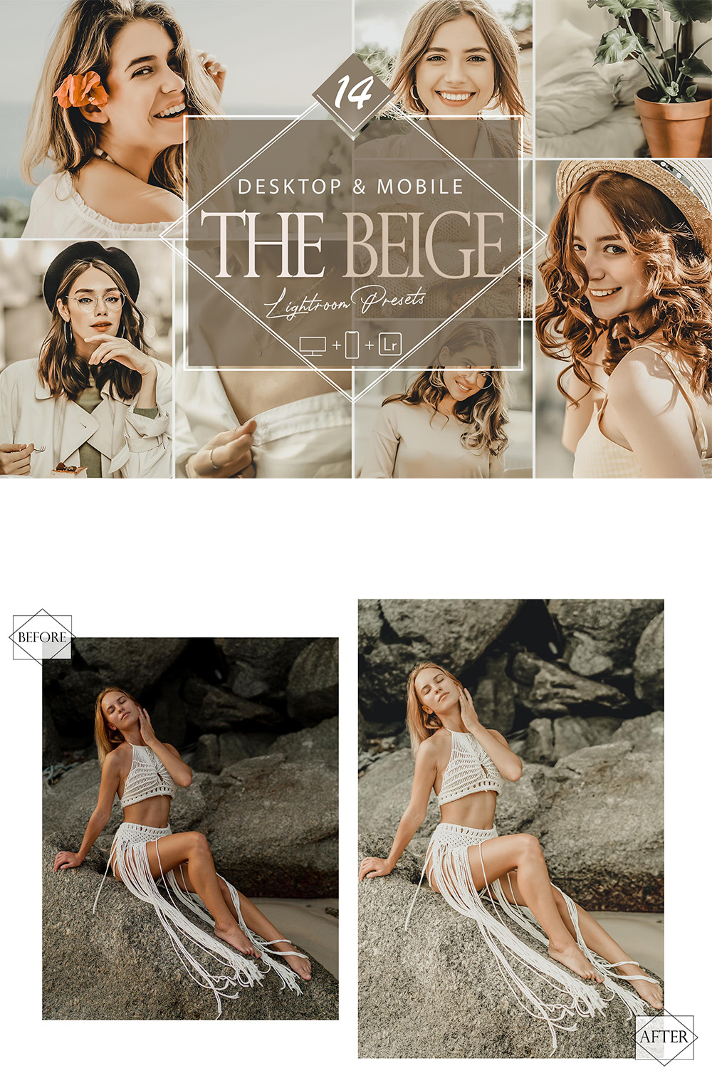 14 The Beige Lightroom Presets, Warm Preset, Summer Desktop LR Filter, DNG Portrait Lifestyle, Top Theme, Valentine Blogger Instagram pinterest preview image.