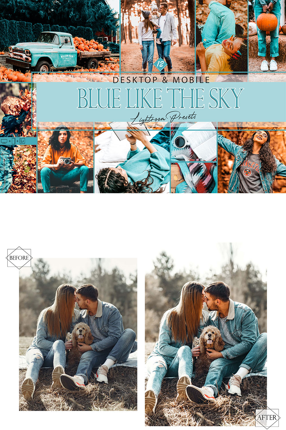 12 Blue Like The Sky Lightroom Presets, Blue Preset, Autumn Desktop LR Filter, DNG Portrait Lifestyle, Top Theme, Fall Blogger Instagram pinterest preview image.