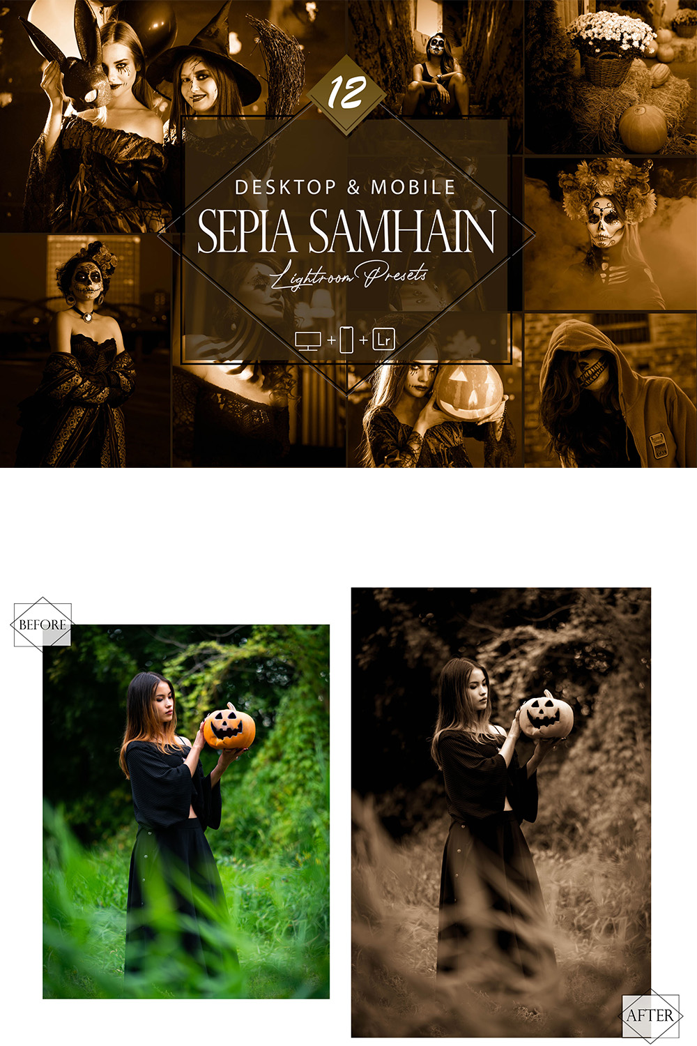 12 Sepia Samhain Lightroom Presets, Moody Preset, Sepia Presets, Fall Desktop LR Filter, DNG Portrait Lifestyle, Top Theme, Blogger Instagram pinterest preview image.