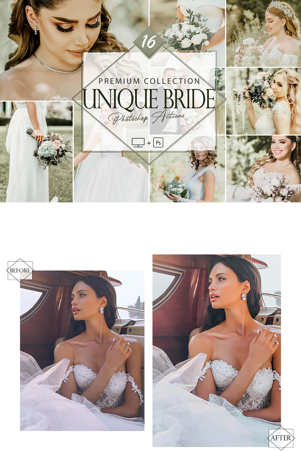 16 Unique Bride Photoshop Actions, Wedding ACR Preset, Engagement Ps Filter, Portrait And Lifestyle Theme For Instagram, Blogger, Outdoor pinterest preview image.