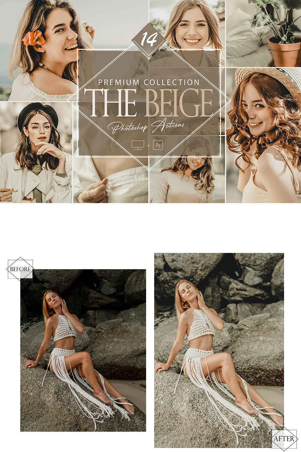 14 The Beige Photoshop Actions, Summer ACR Preset, Warm Ps Filter, Portrait And Lifestyle Theme For Instagram, Blogger, Outdoor pinterest preview image.