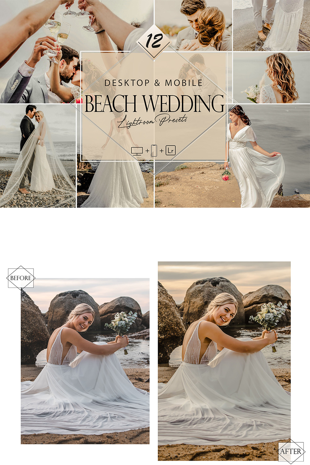 12 Beach Wedding Lightroom Presets, Wedding Preset, Beach Desktop LR Filter, DNG Portrait Lifestyle, Top Theme, Summer Blogger Instagram pinterest preview image.