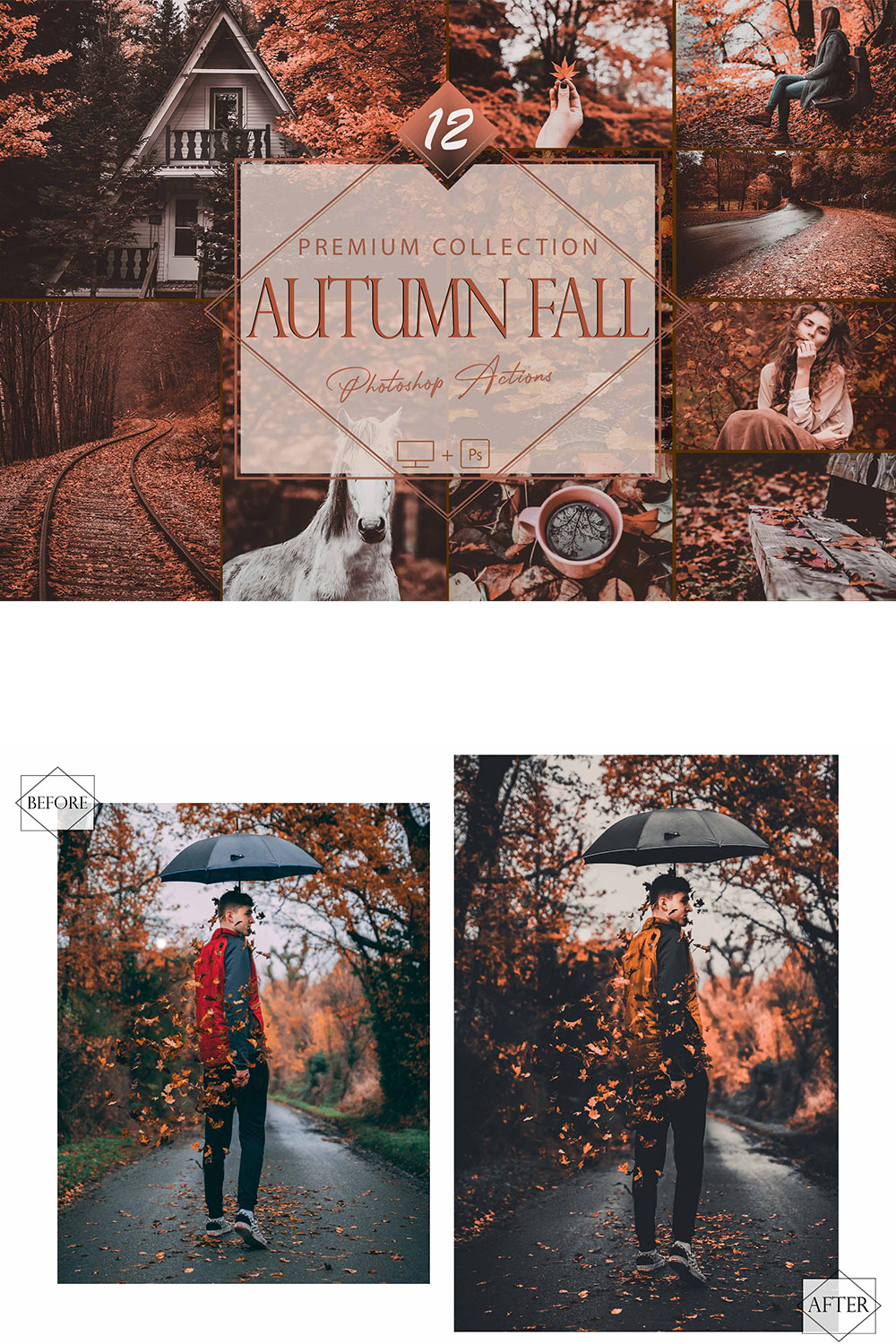 12 Autumn Fall Photoshop Actions, Dark Moody ACR Preset, Orange Ps Filter, Portrait And Lifestyle Theme For Instagram, Blogger, Outdoor pinterest preview image.