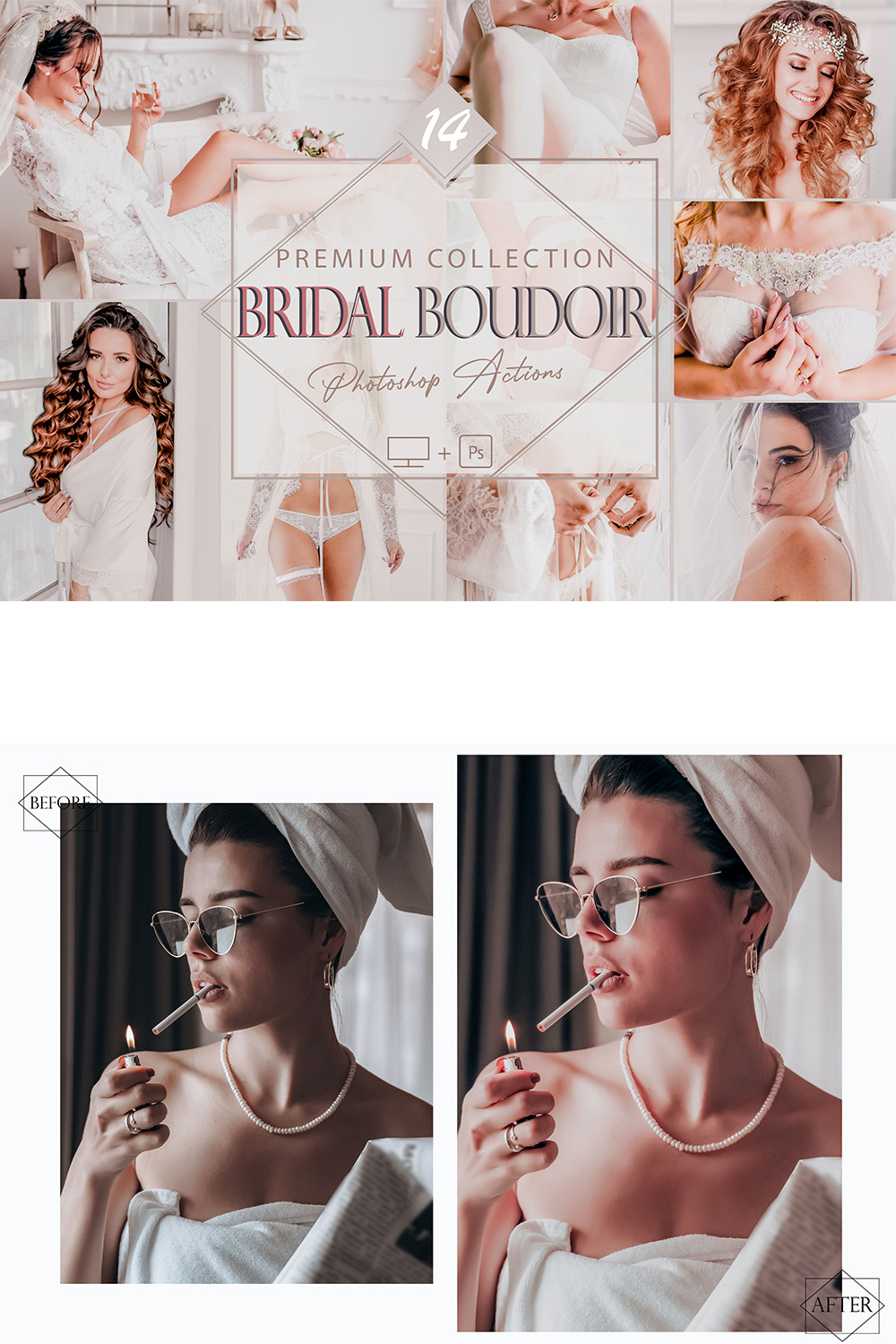 14 Bridal Boudoir Photoshop Actions, Braidsmaids ACR Preset, Wedding Filter, Portrait And Lifestyle Theme For Instagram, Blogger, Outdoor pinterest preview image.